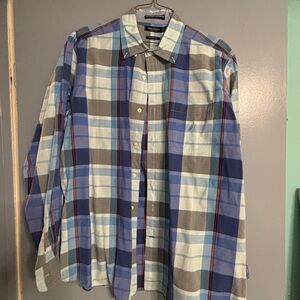Nautica Men's Blue and Gray Plaid Shirt